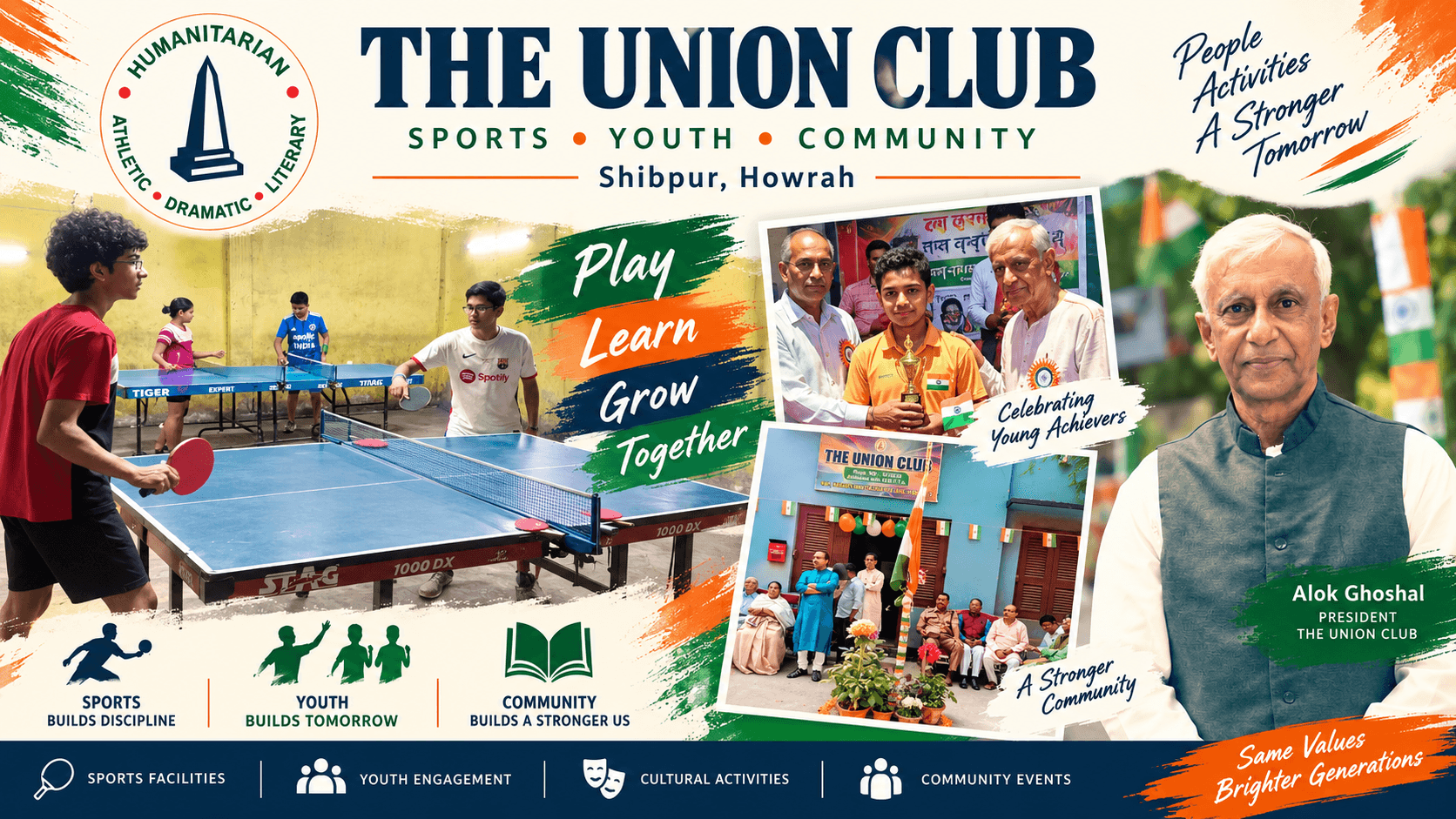 The Union Club banner, Sports • Youth • Community: young members playing table tennis at the club, a young achiever being honoured, members gathered outside the club, and President Alok Ghoshal