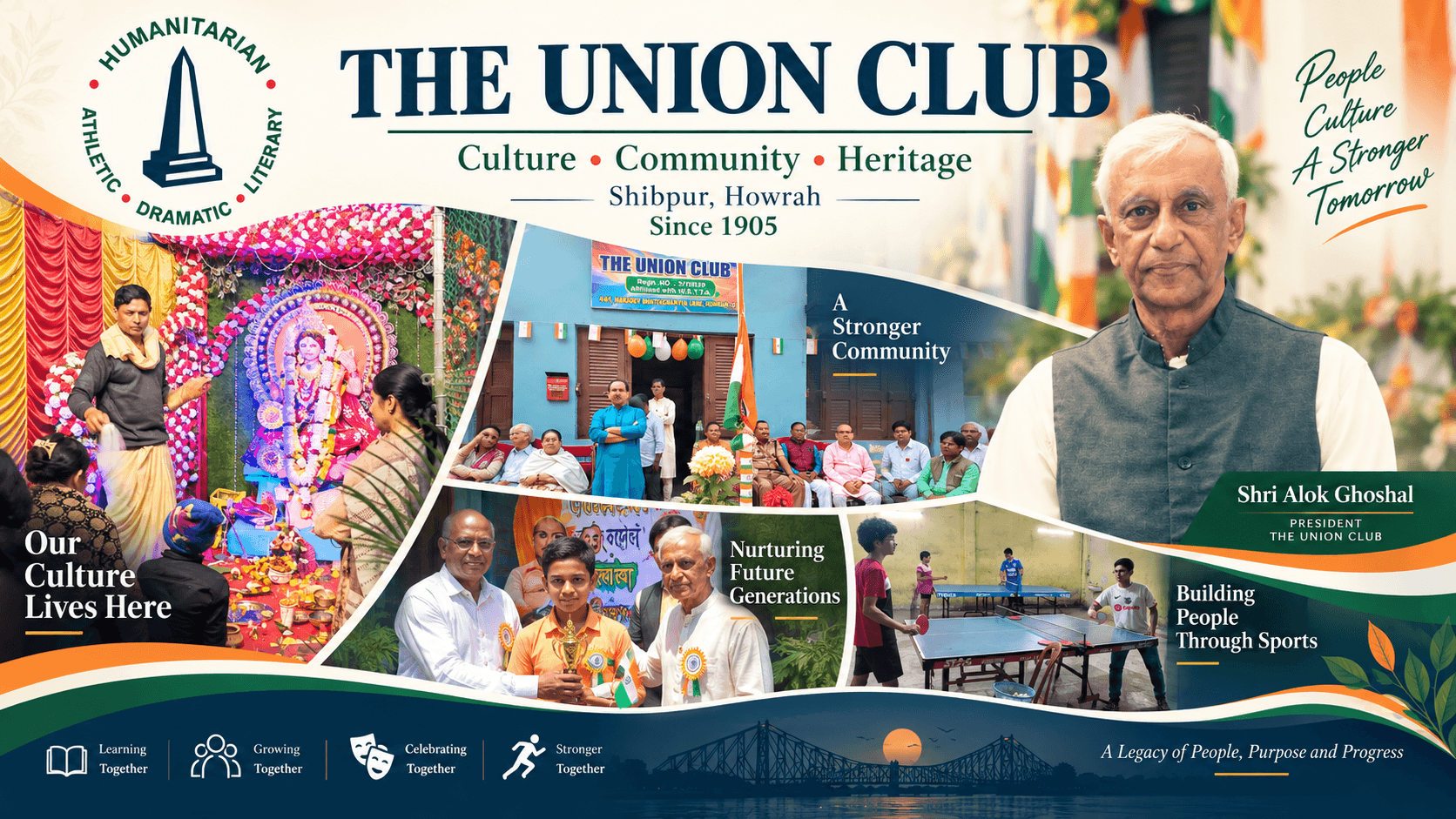 The Union Club banner, Culture • Community • Heritage, Since 1905: a cultural celebration, members gathered outside the club building, a young achiever being honoured, table tennis, and President Alok Ghoshal